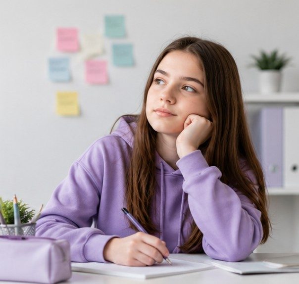 A teenage girl at her desk, pen in hand, gazing away in thought