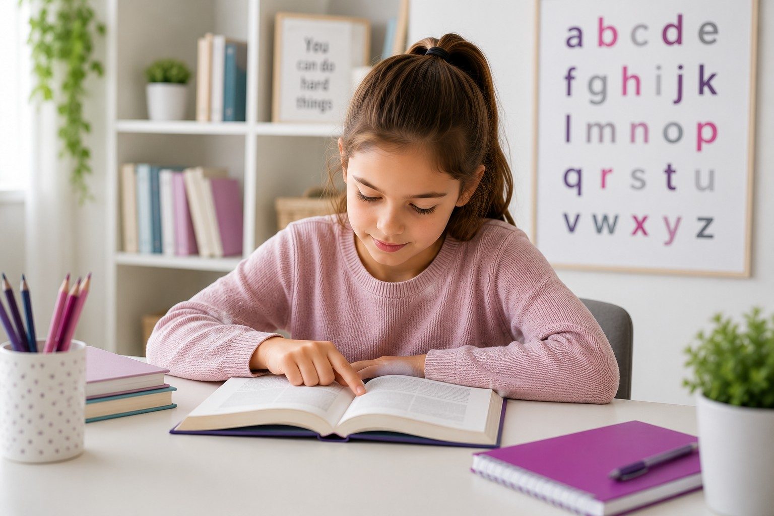 A young girl reading a book, following the words with her finger