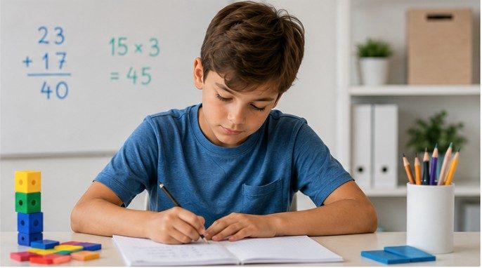 A boy working through maths problems in his notebook